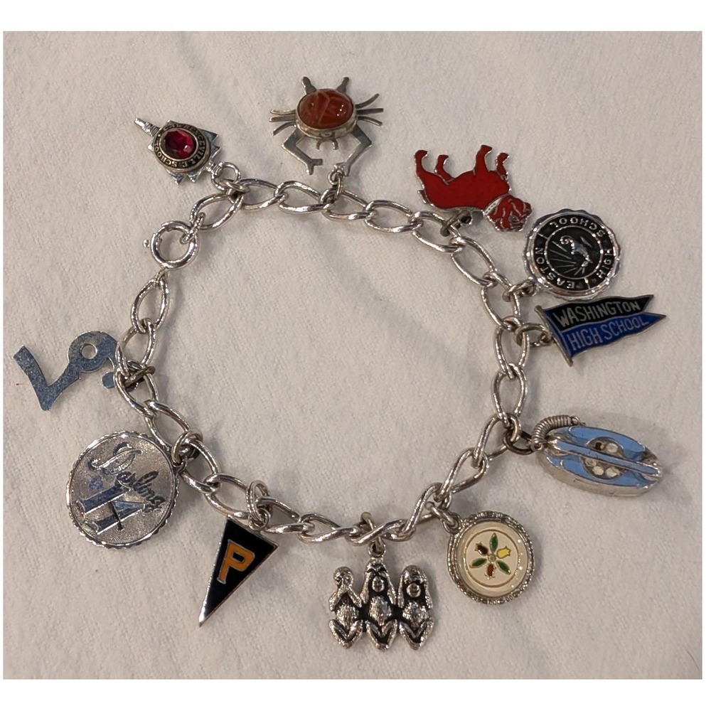 Vintage Sterling Silver Charm Bracelet 11 Charms High School Bulldog Scarab 7in